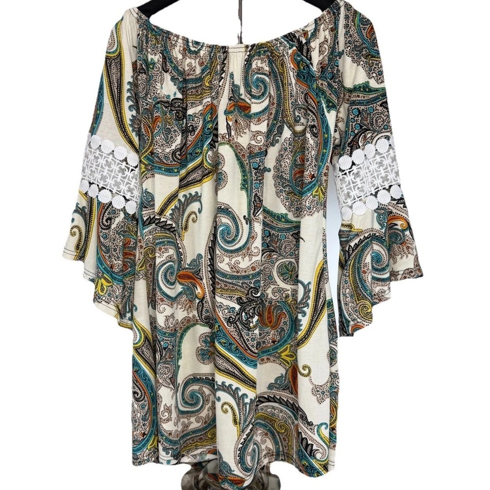 Win Win Top Women's L XL Paisley Tunic Crochet Boho Off Shoulder Artsy Hippie